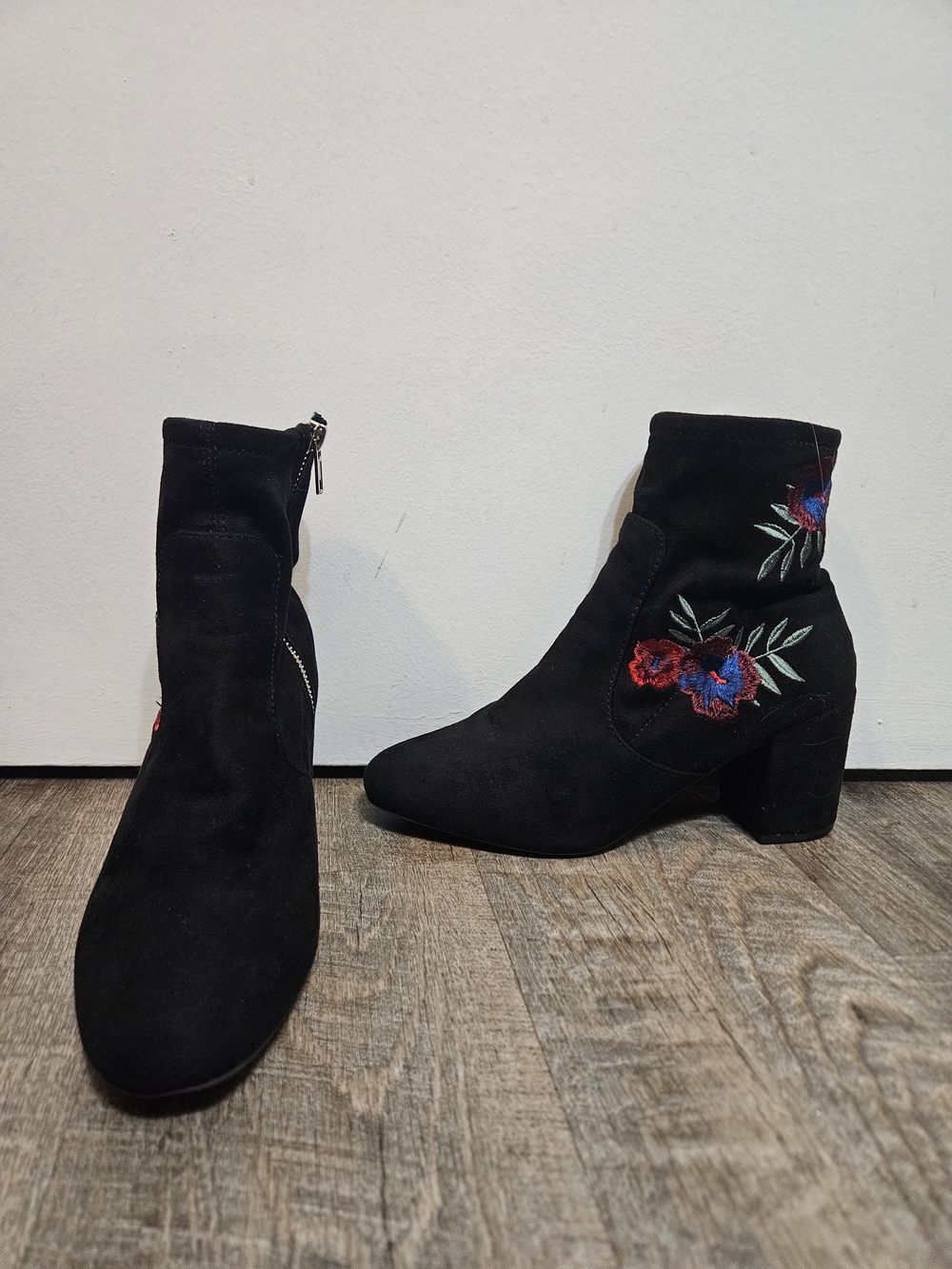 Black Suede Embroidered Ankle Boots - Women's Fashion Boots